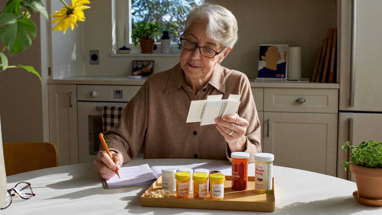 Senior woman reviewing a weekly pill organizer and medication notes at a bright kitchen table