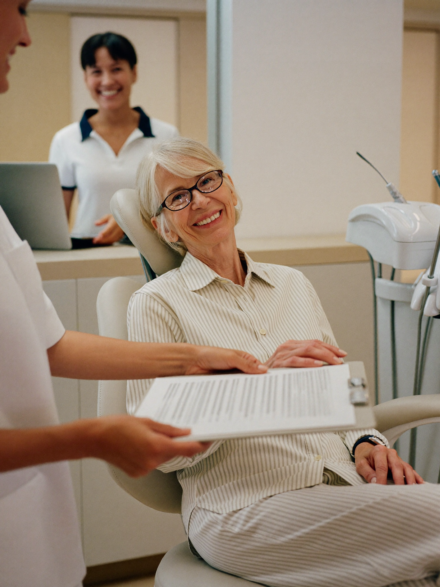 Mujer mayor sonriendo en la recepcion de un consultorio dental