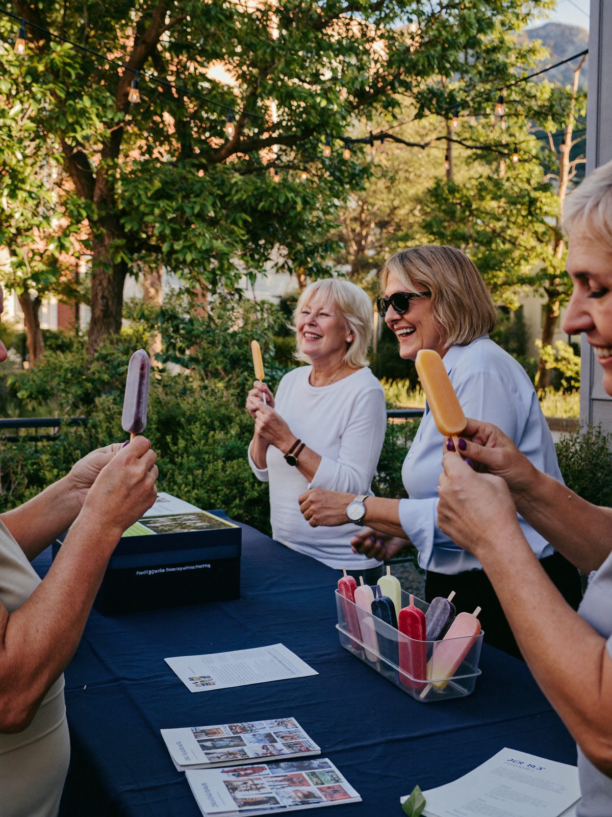 Neighbors enjoying colorful popsicles at an outdoor Medicare information table at a garden apartment community